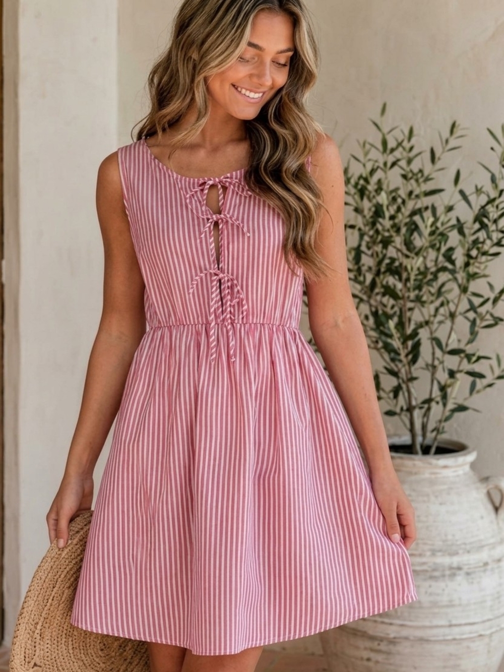 Sleeveless Pink Striped Tie-Front Mini Dress Size S